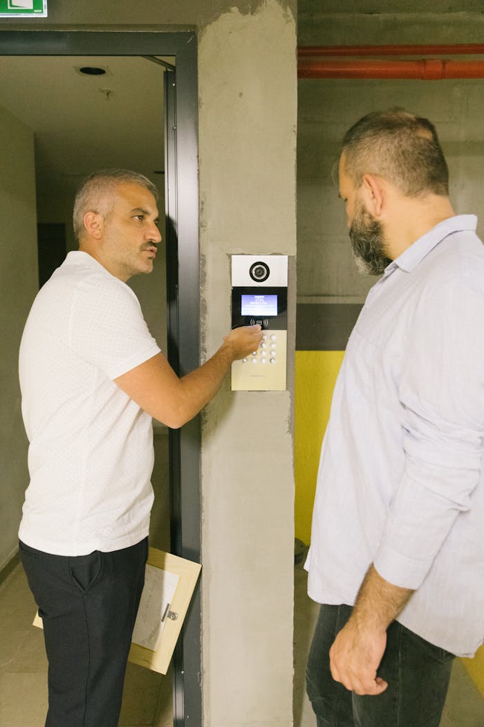 Two men standing by a digital keypad in a building corridor, discussing access control.